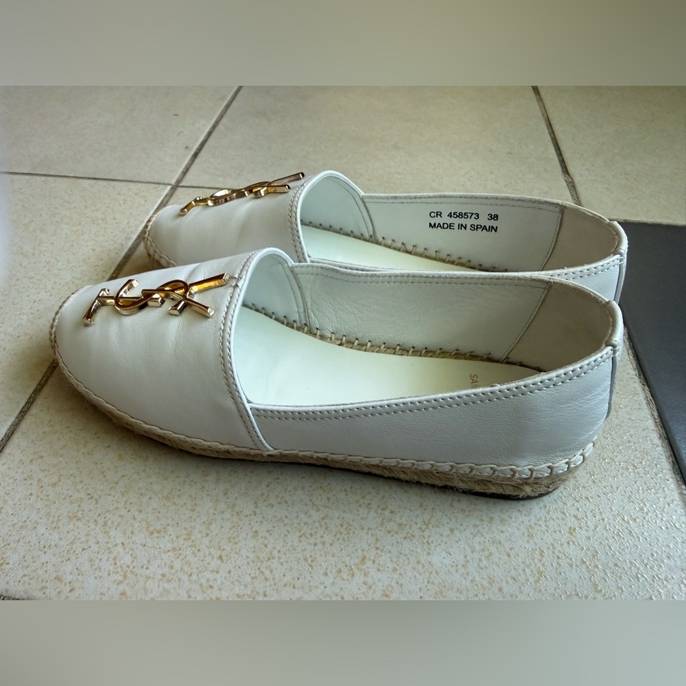 Saint Laurent White Leather Espadrille Flats with Gold Logo - Picture 2 of 10